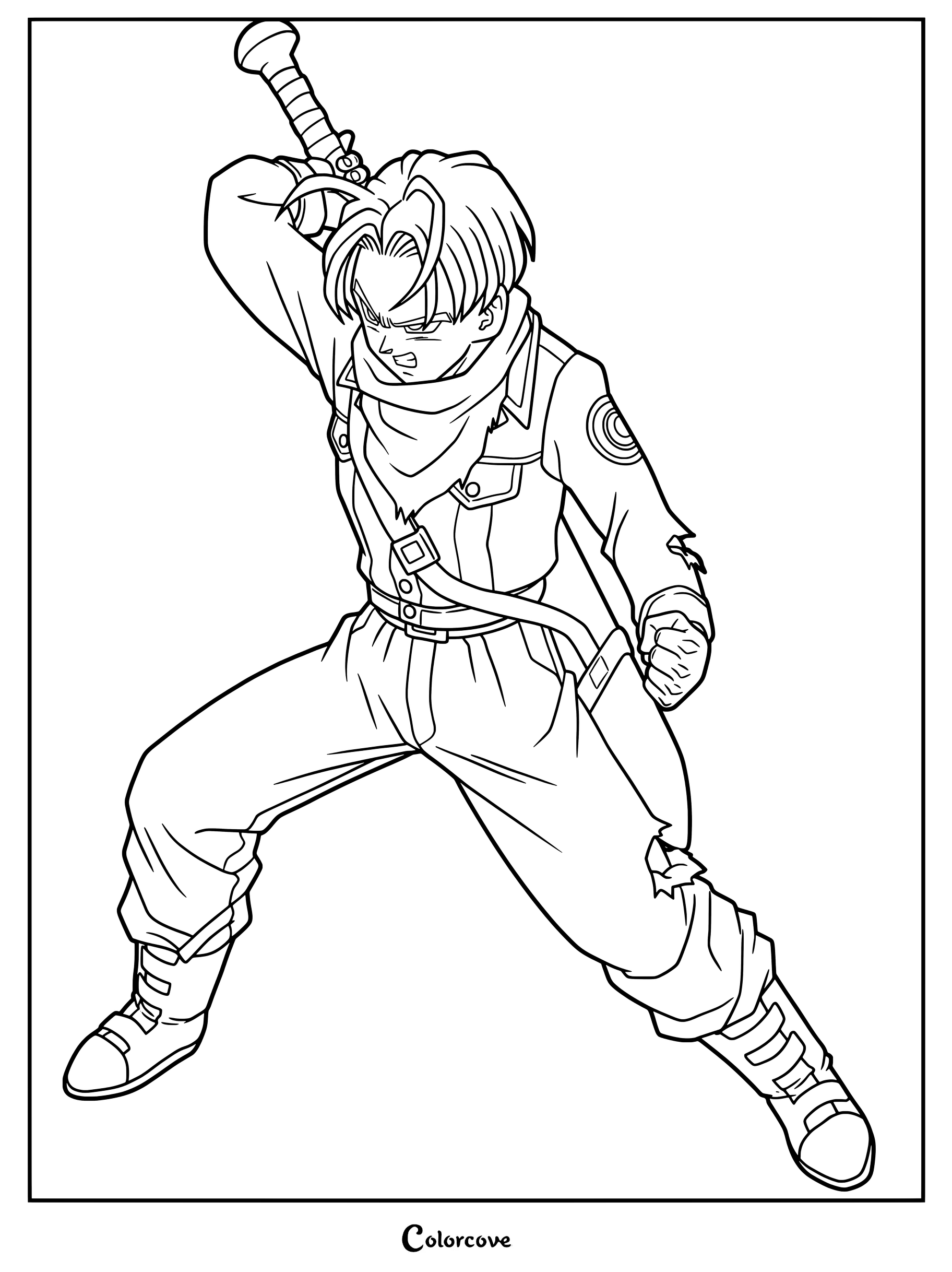 Página para colorear de Trunks del Futuro de Dragon Ball Super con su pañuelo rojo y sosteniendo su característica espada