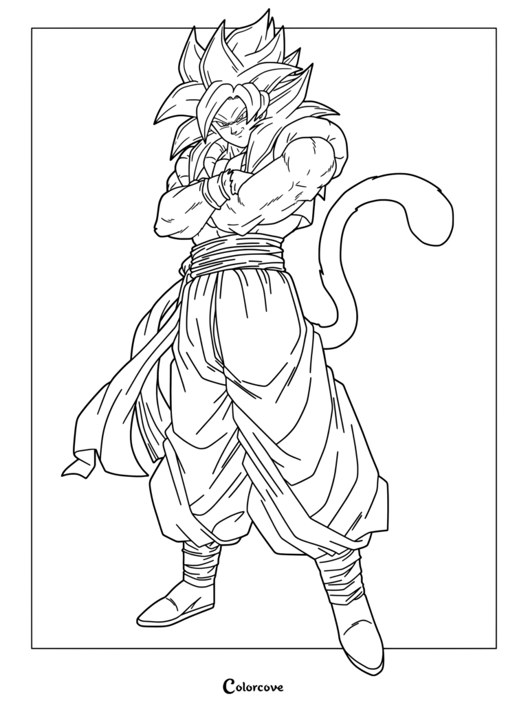 Página para colorear de Gogeta Super Saiyajin 4 de Dragon Ball con su característico cabello rojo, pelaje rojizo y cinta azul.