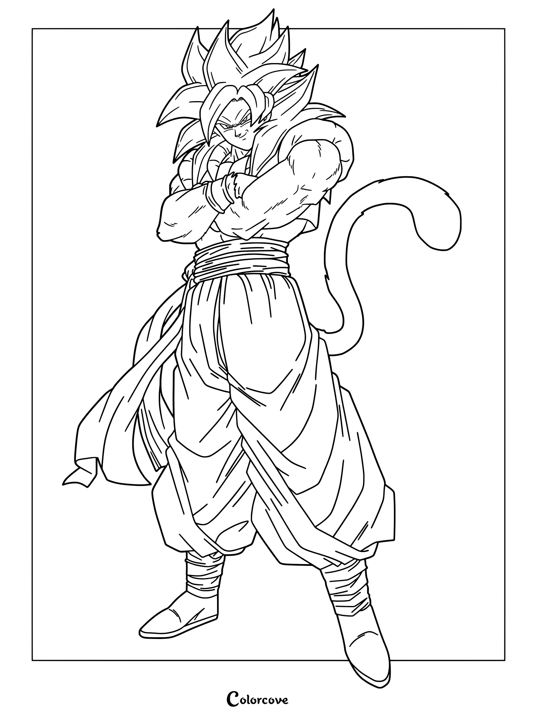Página para colorear de Gogeta Super Saiyajin 4 de Dragon Ball con su característico cabello rojo, pelaje rojizo y cinta azul.