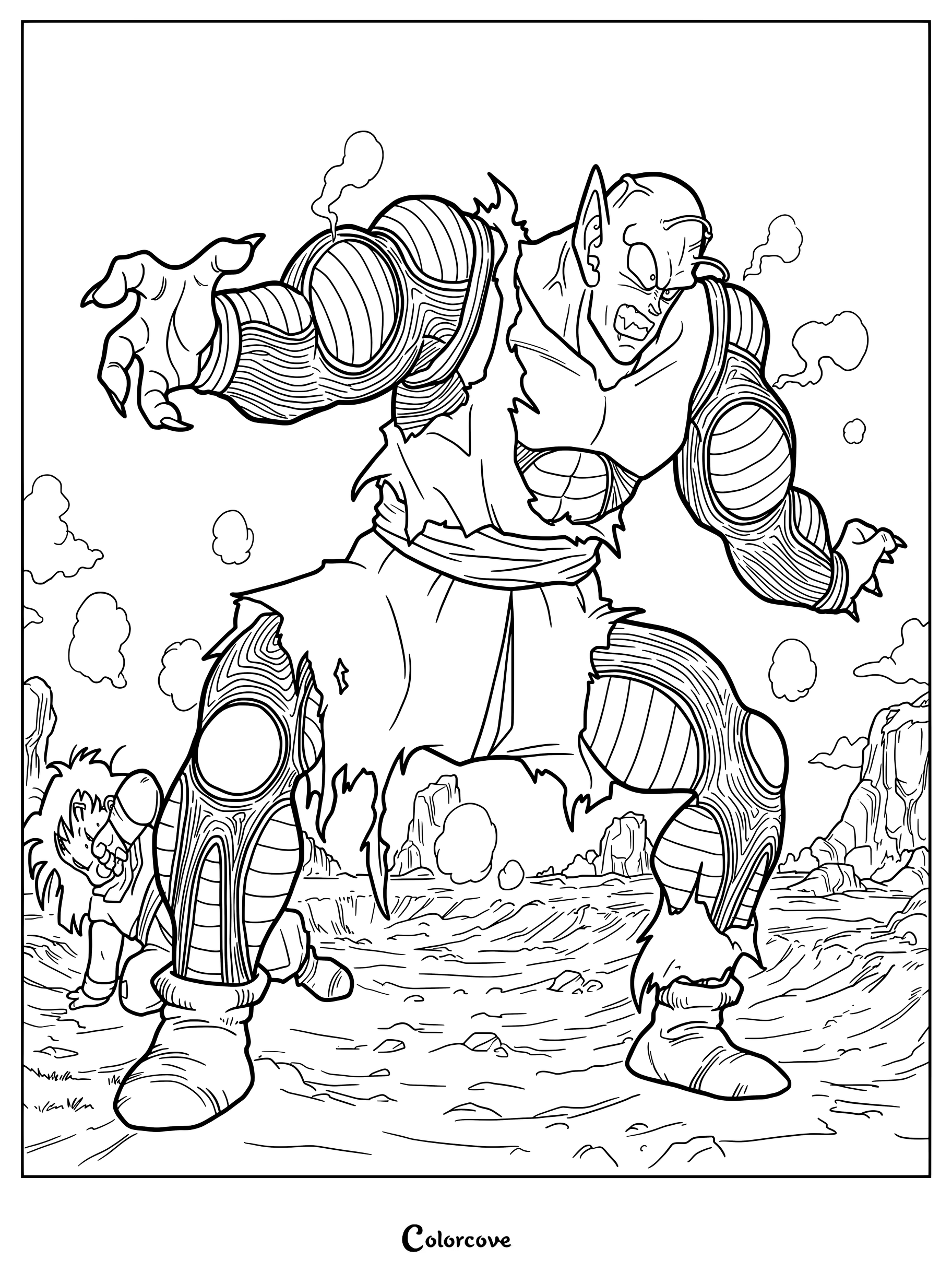 Dibujo para colorear de Dragon Ball con Piccolo de Dragon Ball Z sacrificándose para proteger a un joven Gohan del ataque mortal de Nappa