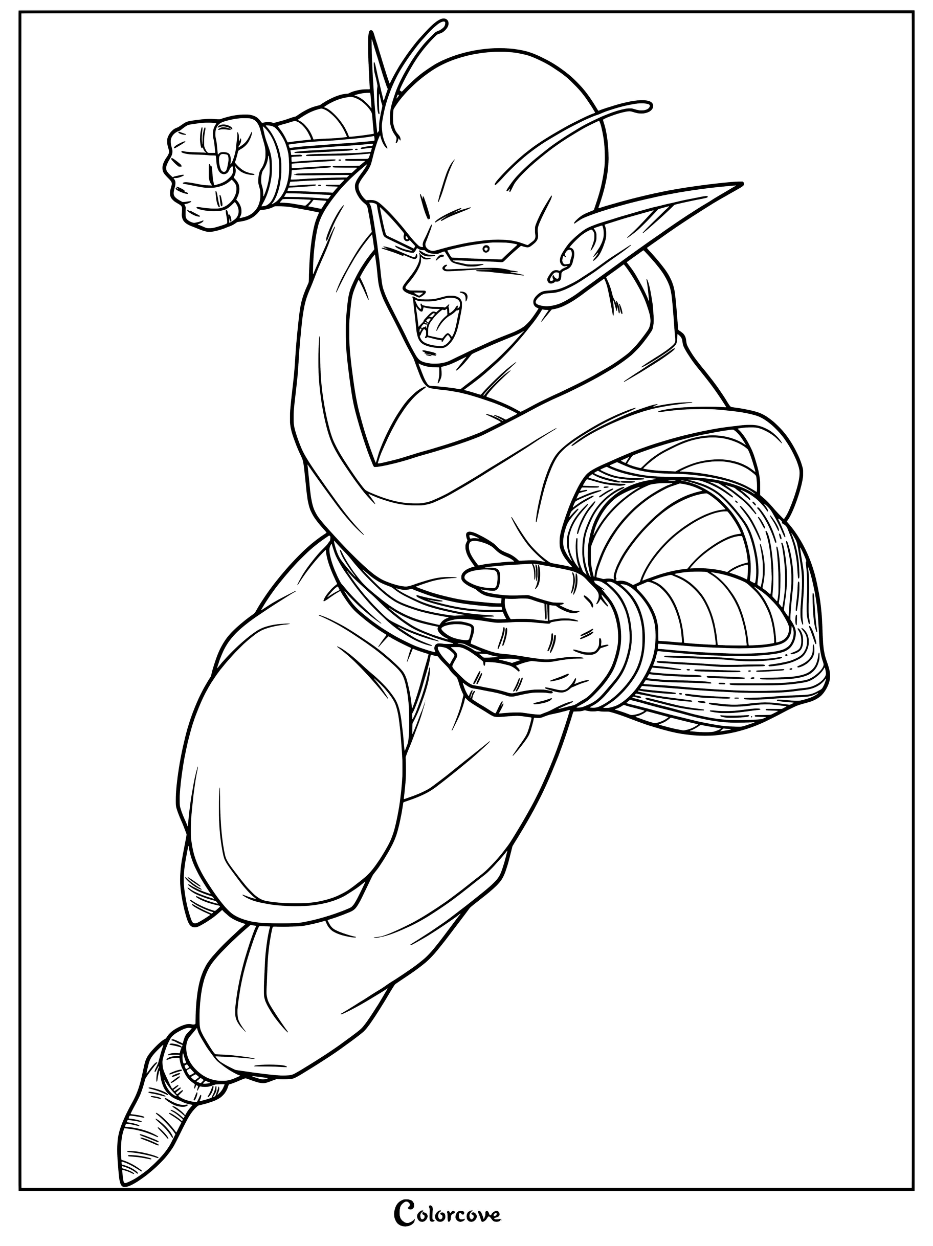 Dibujo para colorear de Piccolo de Dragon Ball Z cargando hacia adelante en una pose de acción