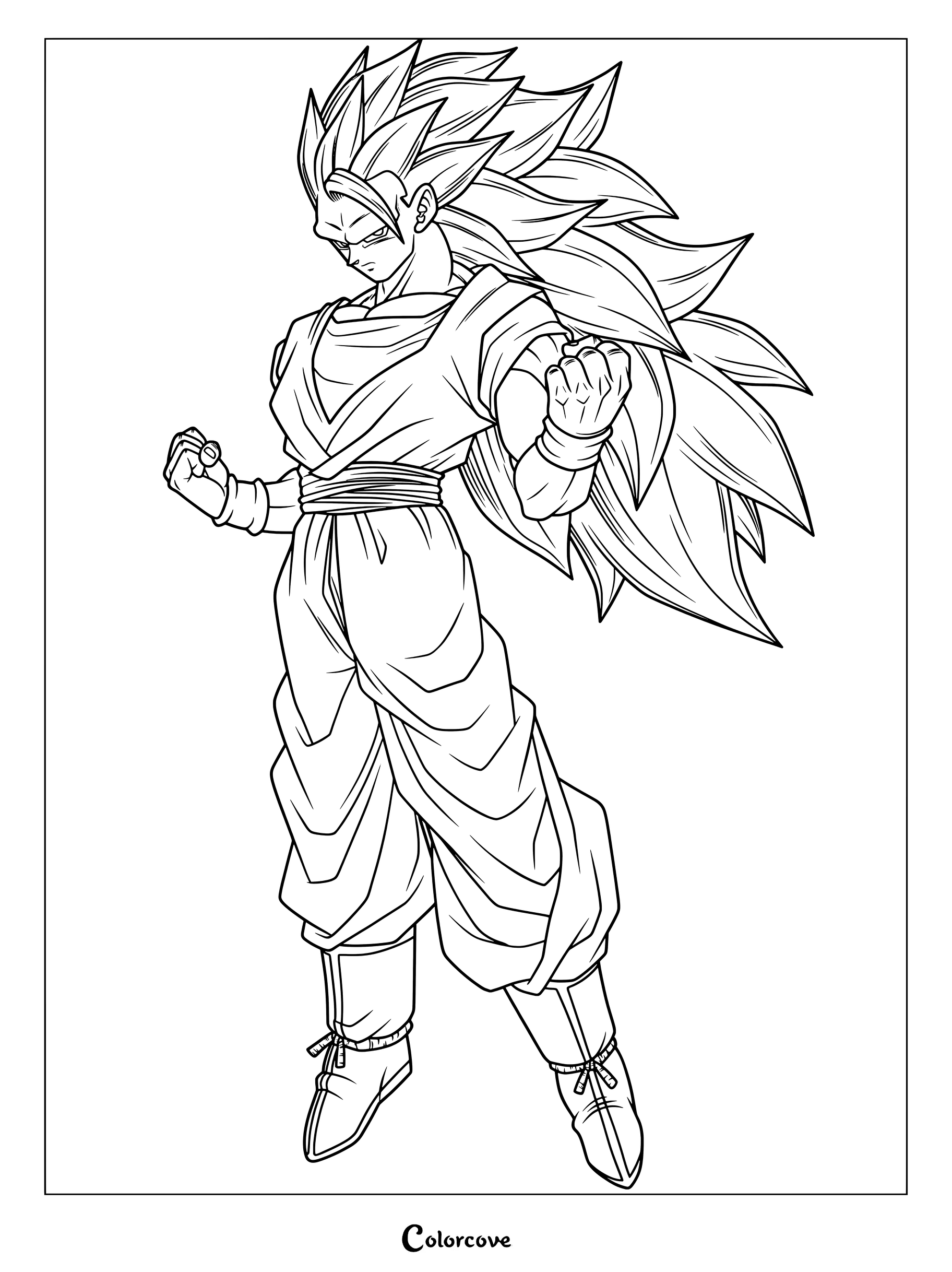 Dibujo para colorear de Son Goku en su transformación de Super Saiyajin 3 de la serie Dragon Ball Z.