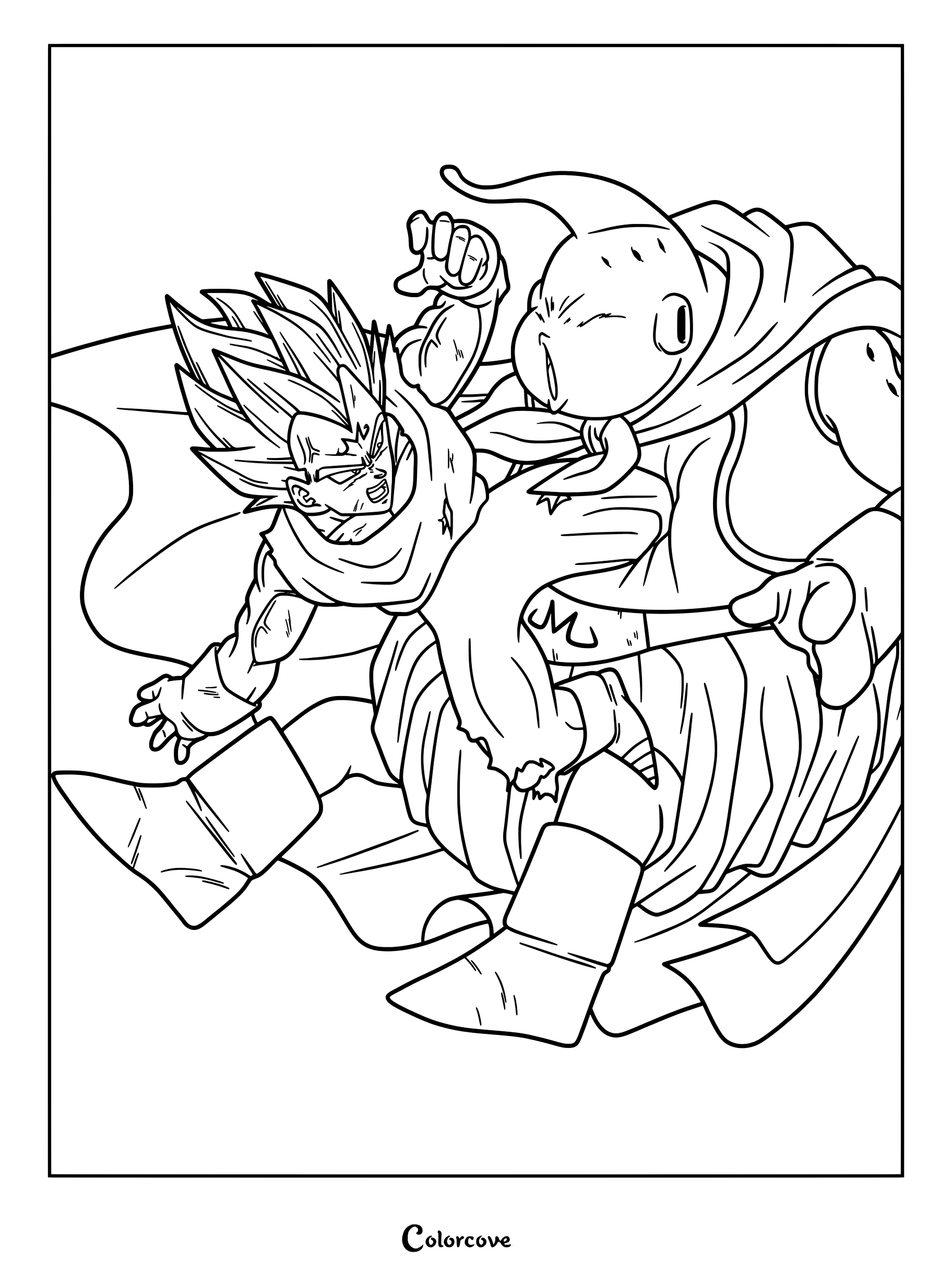 Majin Vegeta Super Saiyajin 2 pateando a Majin Buu en el estómago durante su batalla en una página para colorear de Dragon Ball Z
