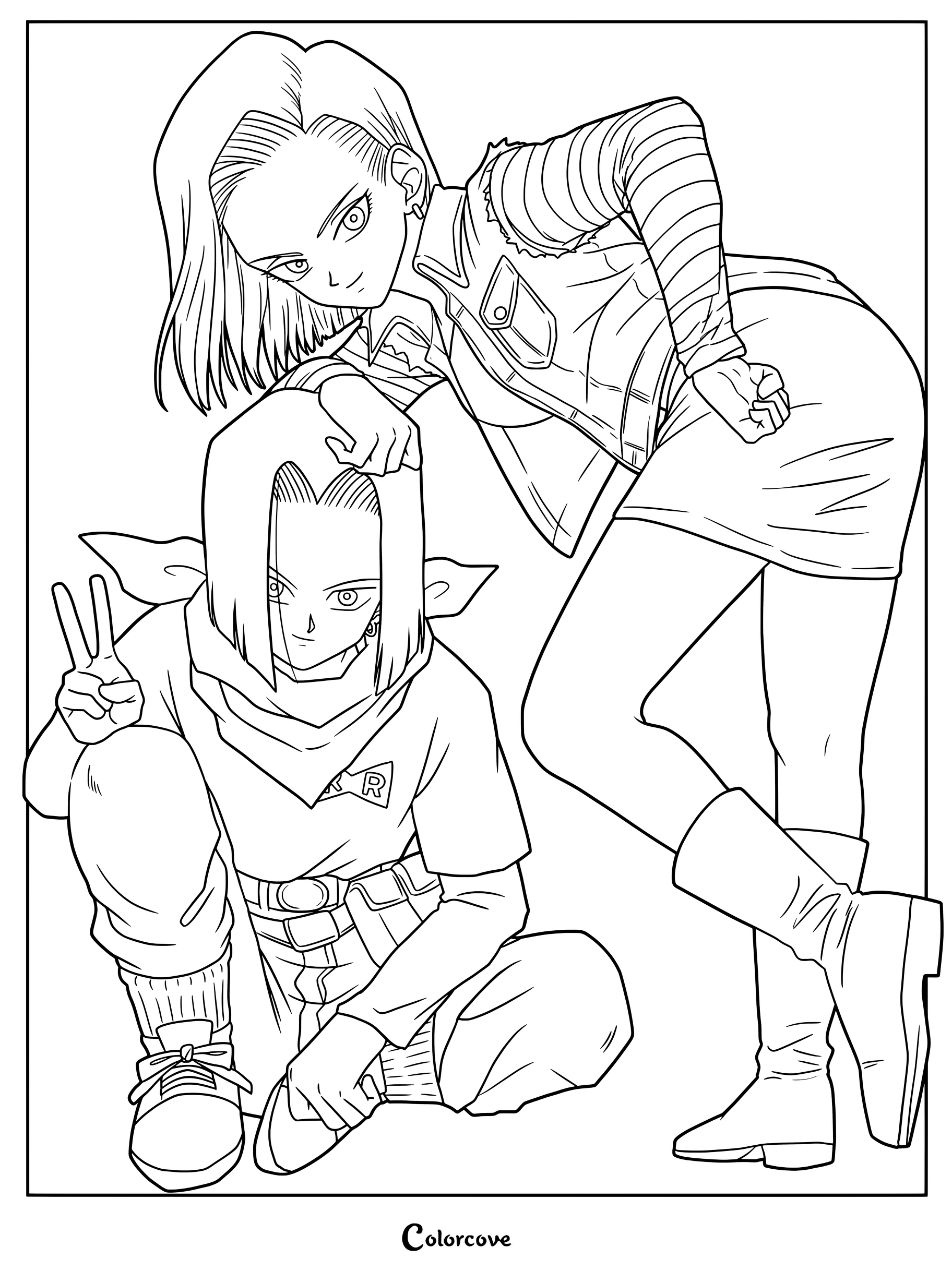 Dibujo para colorear de Dragon Ball Z con el dúo de hermanos Androide 17 agachado y Androide 18 inclinándose sobre él