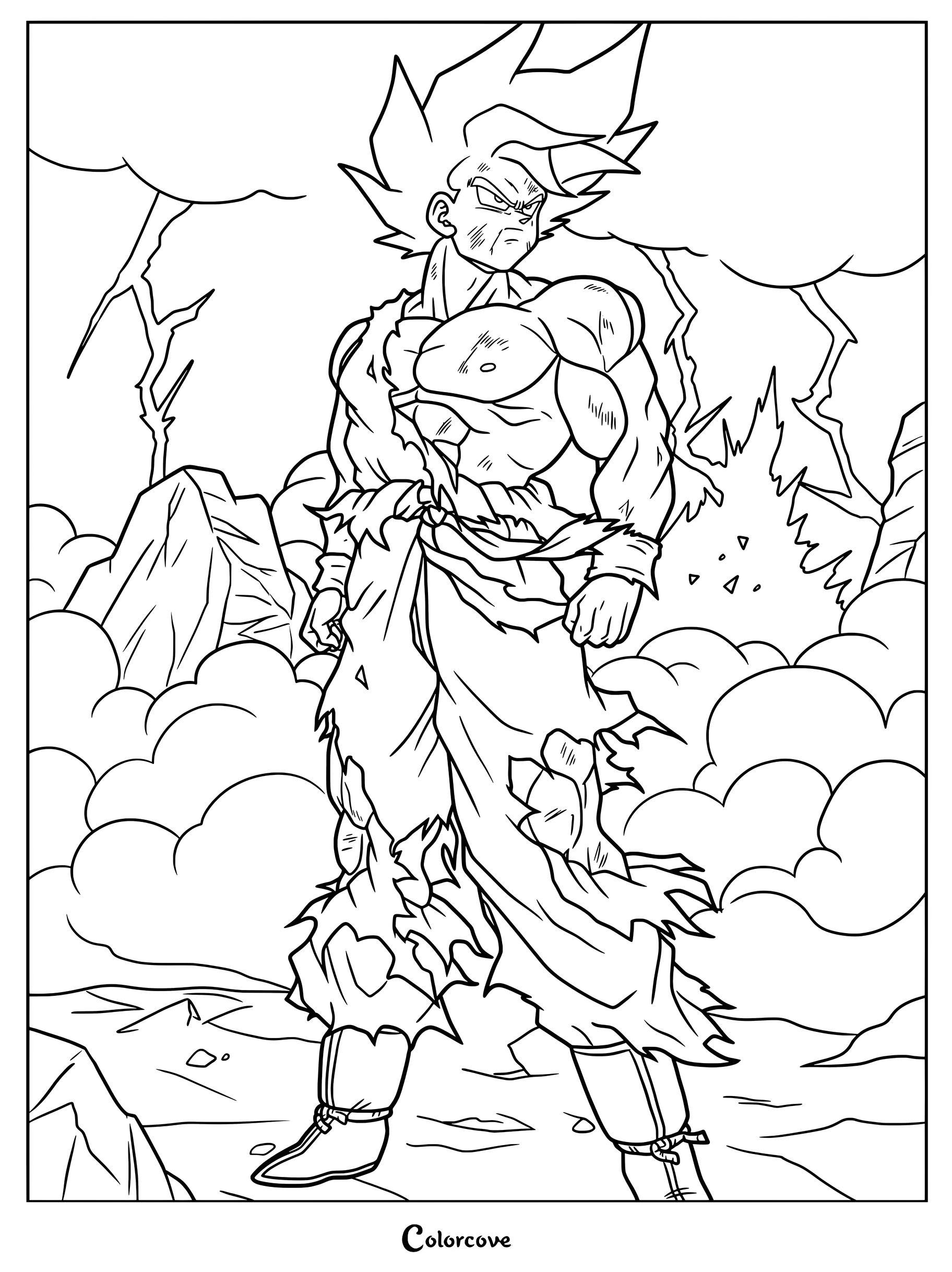 Dibujo para colorear de Dragon Ball con Goku tras transformarse en Super Saiyajin por primera vez durante el clímax de la Saga de Freezer en Namek.