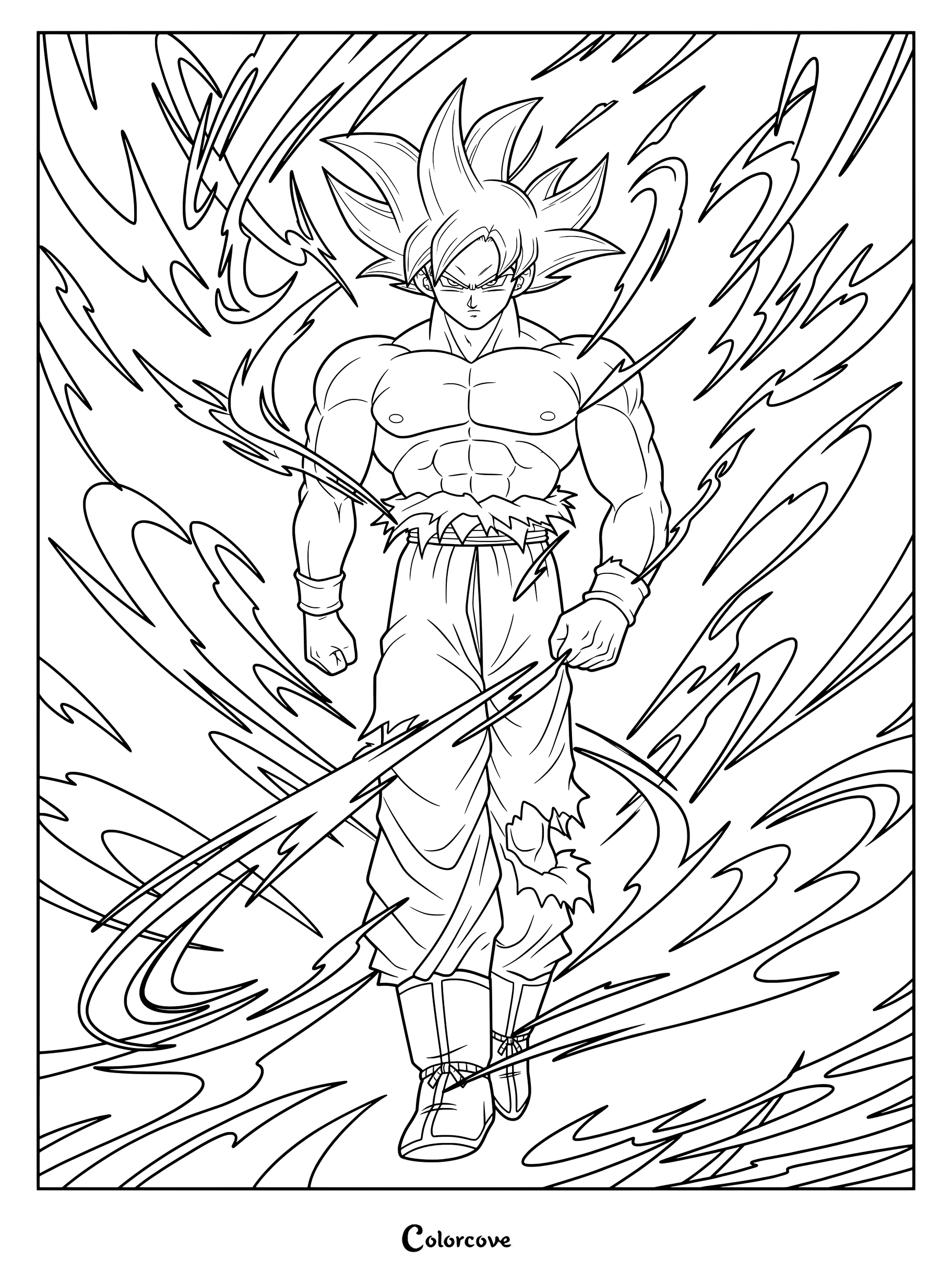 Dibujo para colorear de Goku Doctrina Egoísta rodeado por una poderosa aura divina de Dragon Ball.