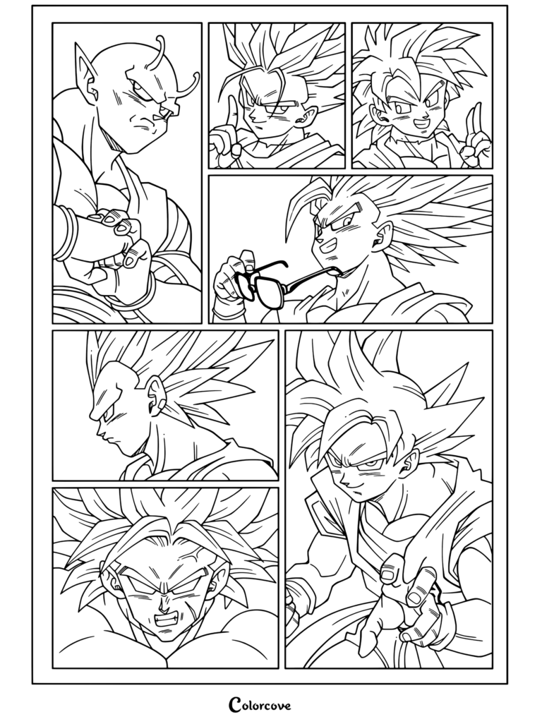 Coloriage Dragon Ball présentant un montage avec Piccolo Orange, Goten Super Saiyan, Trunks, Gohan Beast, Vegeta Ultra Ego et Broly Super Saiyan Légendaire.