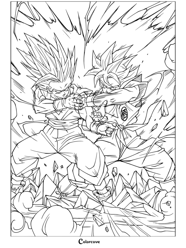 Coloriage Dragon Ball mettant en scène Gohan Beast et Goku Ultra Instinct en plein entraînement intense dans un décor rose qui se brise