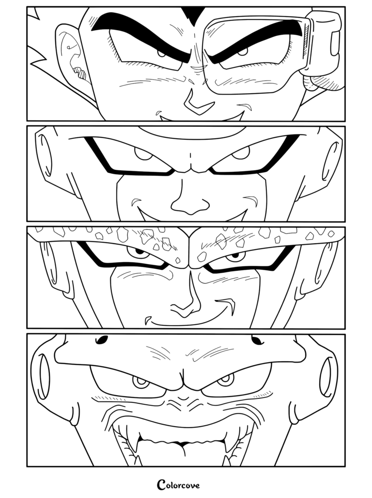 Coloriage Dragon Ball présentant quatre cases en gros plan des antagonistes Vegeta, Freezer, Cell et Majin Boo.