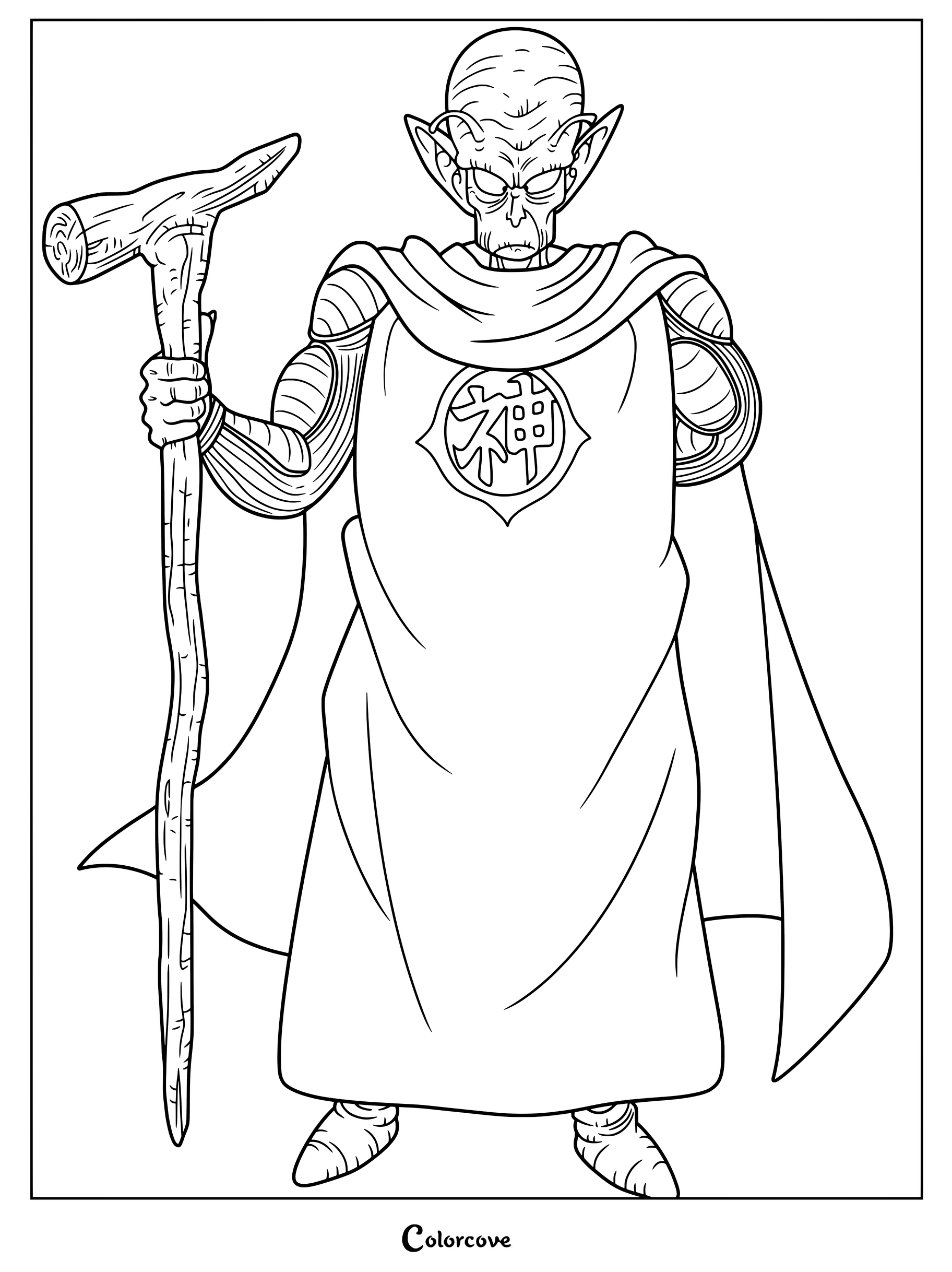 Dibujo para colorear de Kami de la franquicia Dragon Ball de pie y sosteniendo un bastón de madera