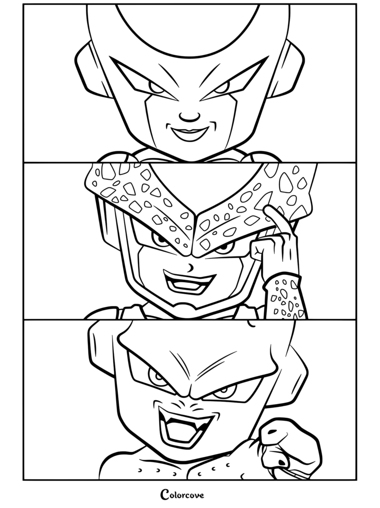 Coloriage Dragon Ball à imprimer présentant un montage des antagonistes Freezer, Cell et Kid Boo de Dragon Ball.