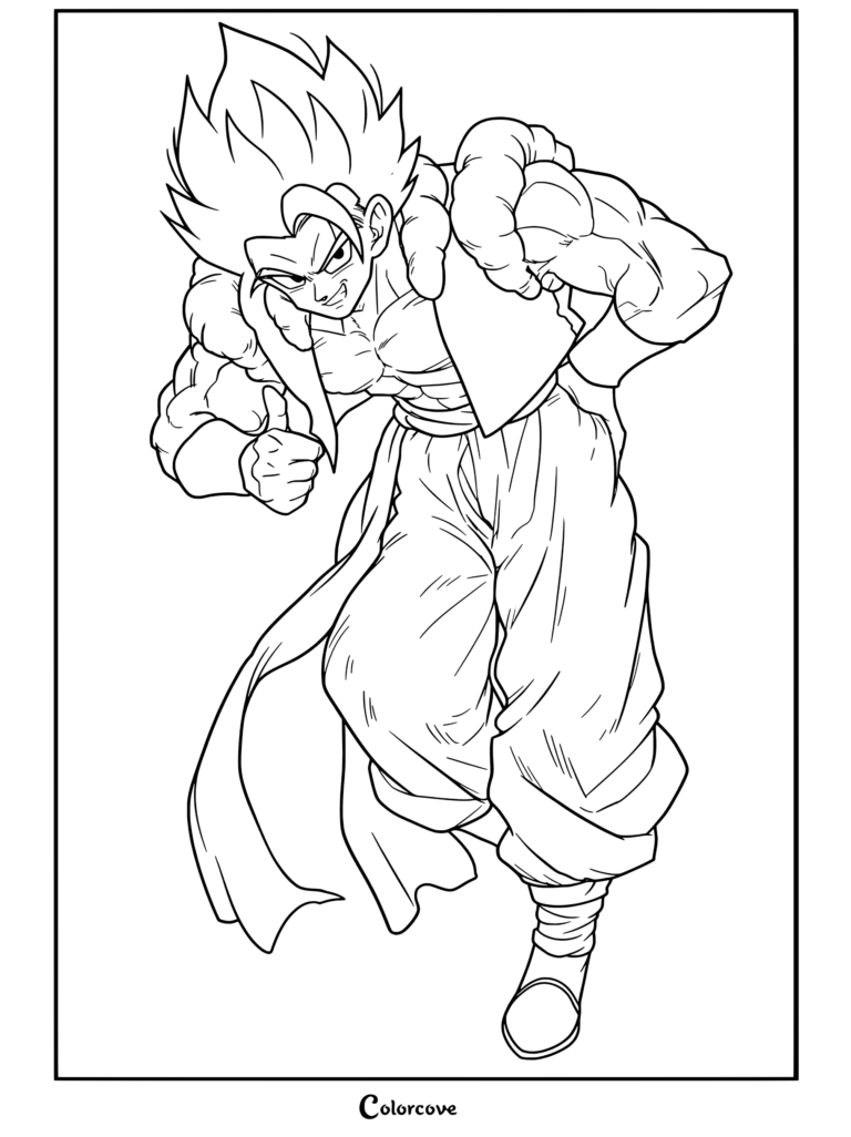 Coloriage Dragon Ball représentant Gogeta sous sa forme de base avec des cheveux noirs et un gilet, prenant une pose confiante.