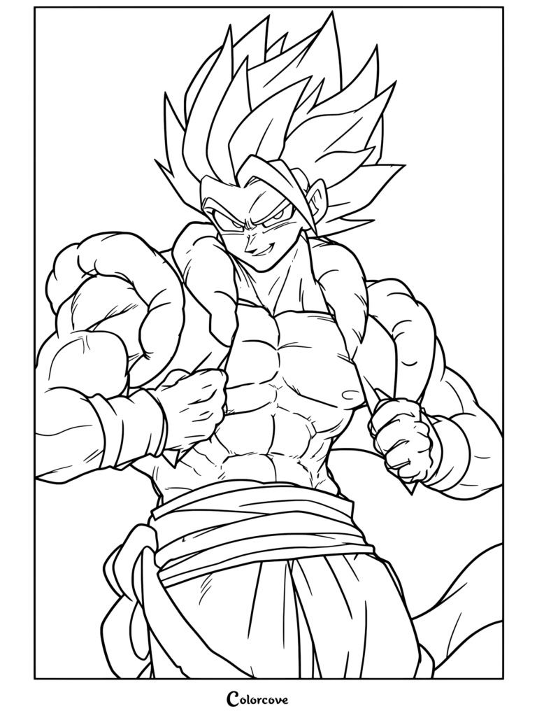 Coloriage Dragon Ball représentant Gogeta Super Saiyan Blue contractant ses muscles avec un sourire assuré.