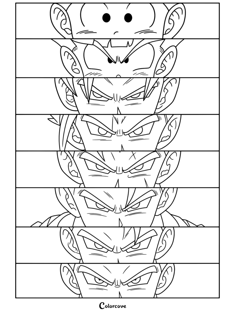 Coloriage Dragon Ball présentant l'évolution des transformations de Gohan, de l'enfance à sa forme Beast, sur écran partagé.