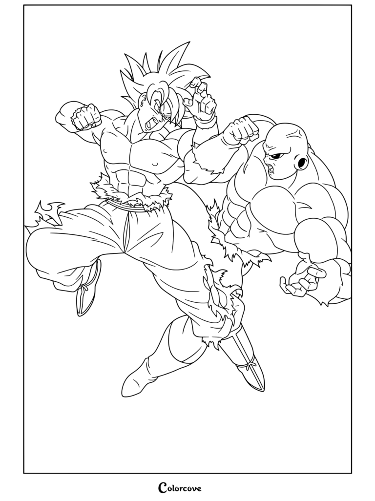 Coloriage Dragon Ball Super de Goku sous sa forme Ultra Instinct en plein combat contre Jiren