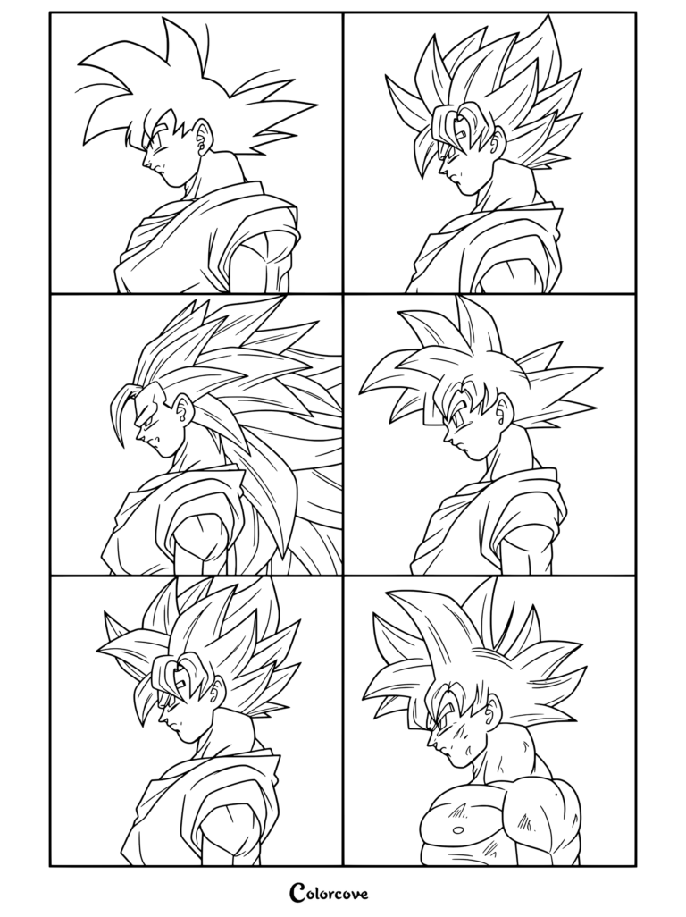 Coloriage Dragon Ball illustrant la progression des transformations de Goku, de la forme de base au Super Saiyan, Super Saiyan 3, Super Saiyan Divine, Super Saiyan Blue, jusqu'à l'Ultra Instinct en vue de profil.