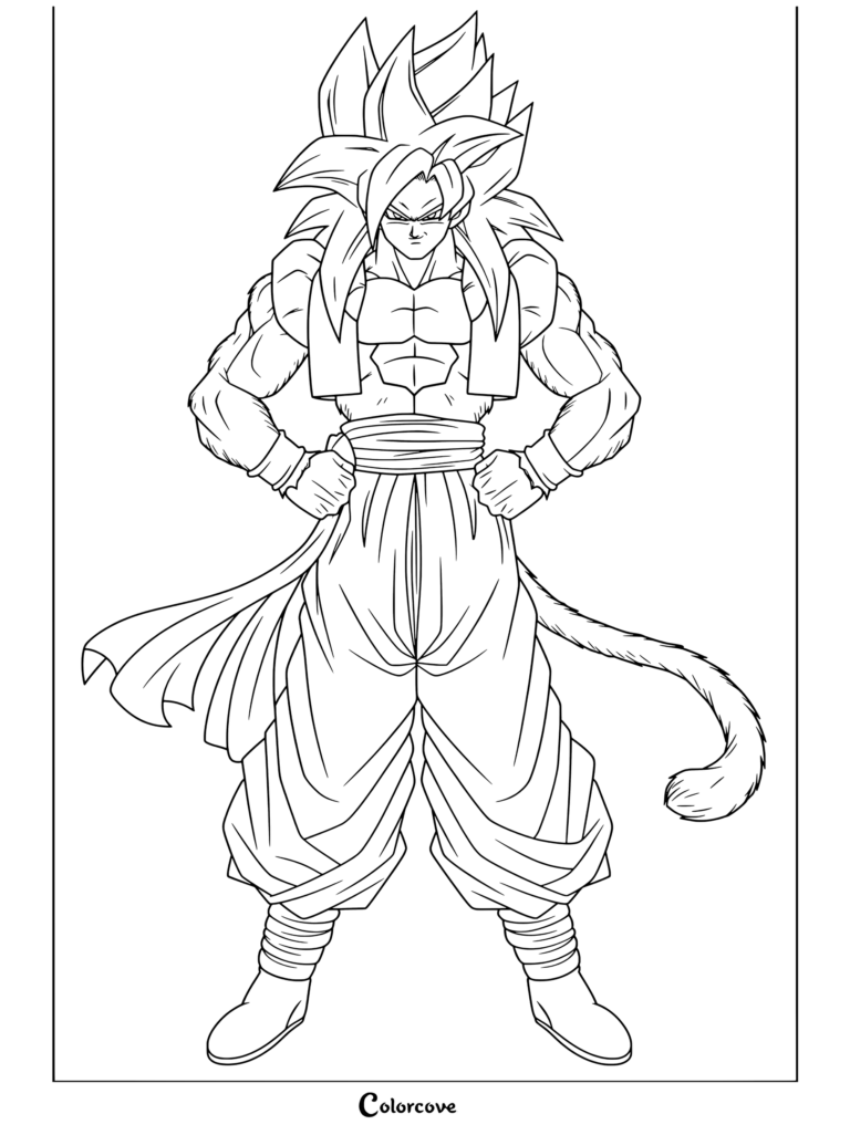 Coloriage Dragon Ball de Gogeta Super Saiyan 4 debout avec assurance, les mains sur les hanches, portant le gilet métamol et une ceinture obi bleue