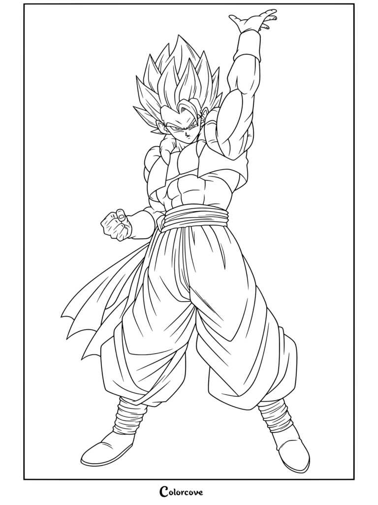 Coloriage Dragon Ball représentant Gogeta Super Saiyan avec un bras levé dans sa tenue de fusion métamol