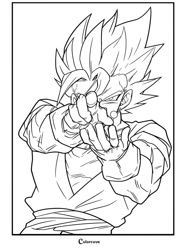 Coloriage Dragon Ball Z de Vegetto Super Saiyan pointant les doigts et préparant son épée spirituelle