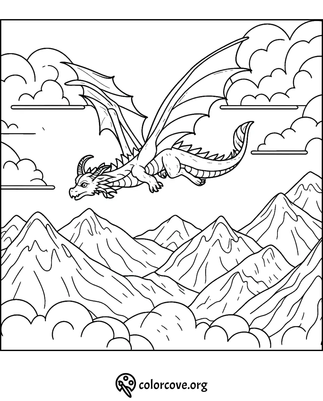 Dragon coloring page: majestic dragon soaring over mountain peaks and clouds, ready for coloring creativity from colorcove.org.