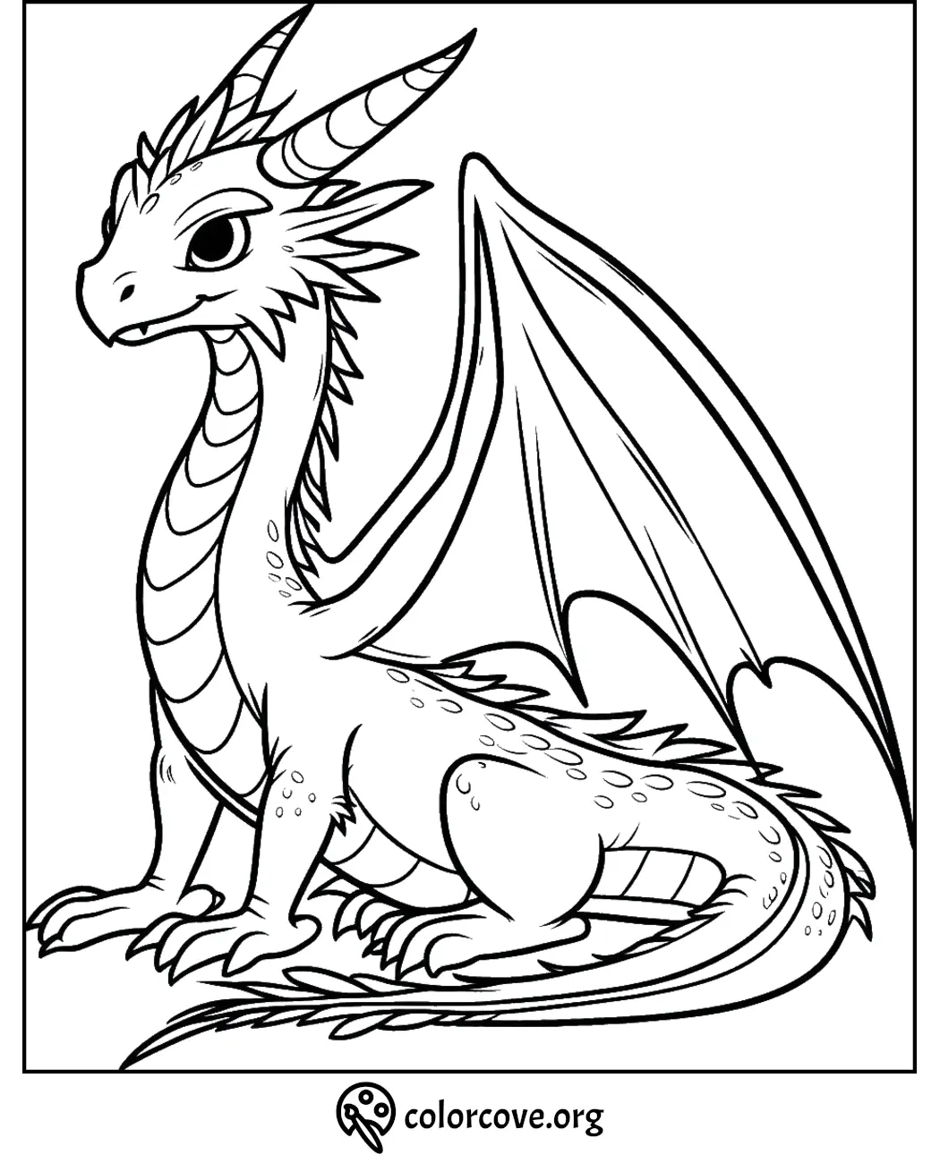 Dragon Coloring Page: Detailed dragon illustration for kids and adults to color from Colorcove.org.