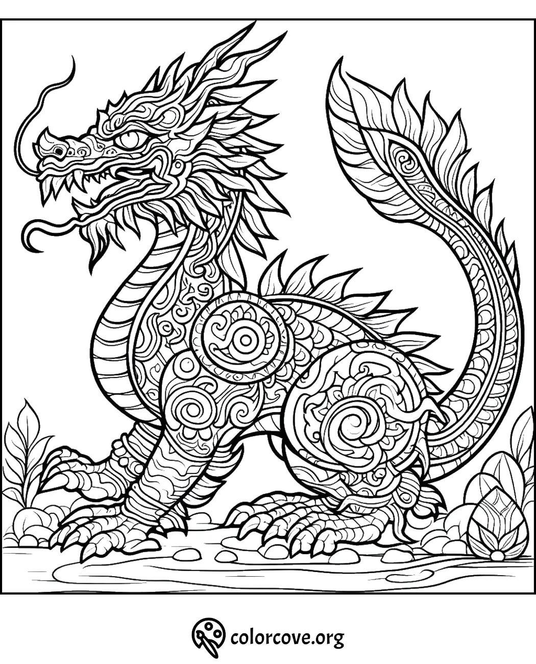 Intricate dragon coloring page with detailed patterns and designs, suitable for adult coloring enthusiasts.