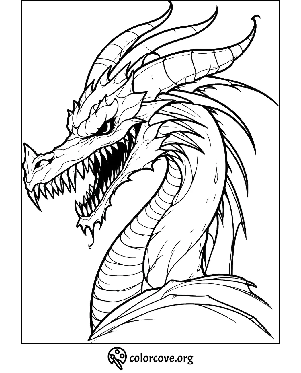 Fierce dragon coloring page with sharp teeth and detailed scales for kids and adults. Downloadable at colorcove.org.