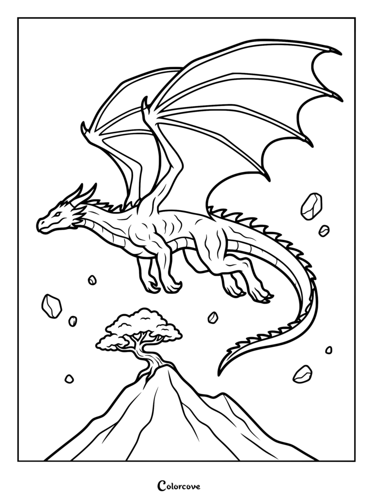 A majestic dragon flying over a mountain peak with a small tree, featured in a free printable coloring page.