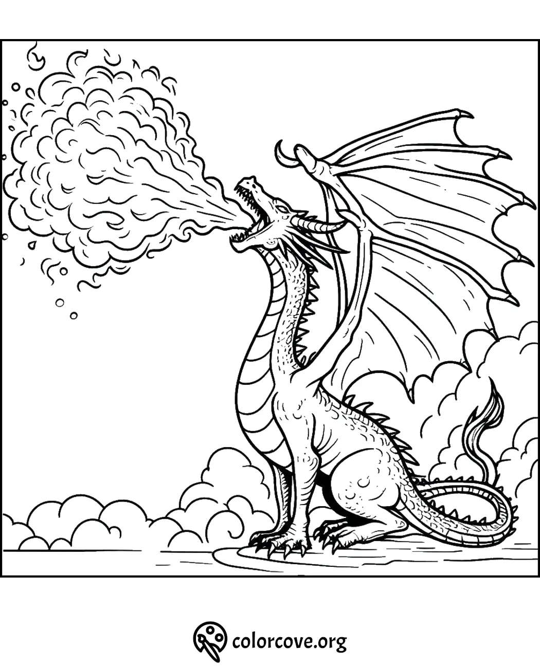 Fire-breathing dragon coloring page for kids and adults, printable fantasy creature illustration from colorcove.org.