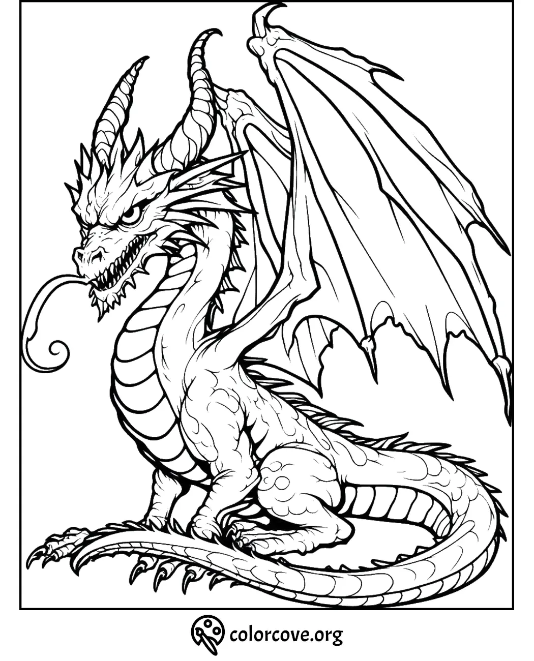 Fierce dragon coloring page with detailed scales, wings, and horns for kids and adults to enjoy. Printable at colorcove.org.