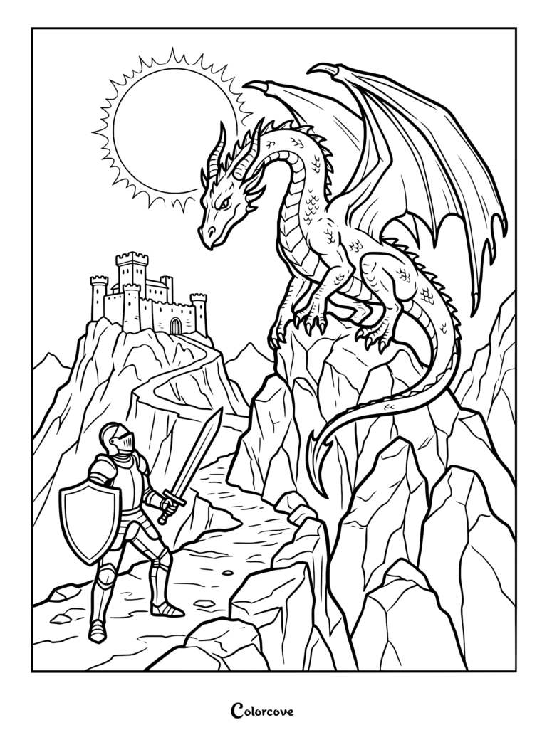 A knight with a sword and shield facing a large dragon perched on a rocky mountain near a castle in this free printable coloring page.
