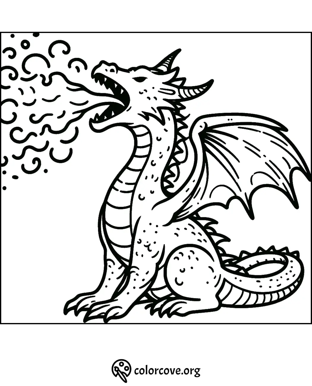 Fire-breathing dragon coloring page for kids. Download and print free dragon coloring sheets at colorcove.org.