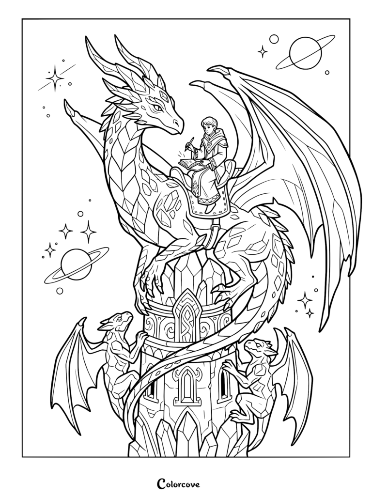 A wizard riding a large dragon perched on a crystal tower with two smaller dragons climbing below in this printable coloring page.