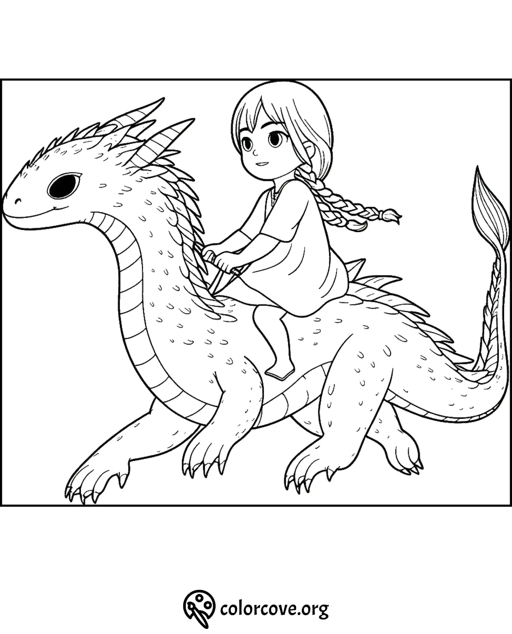 Girl riding a dragon coloring page. Child-friendly illustration for kids to color and enjoy mythical adventures.