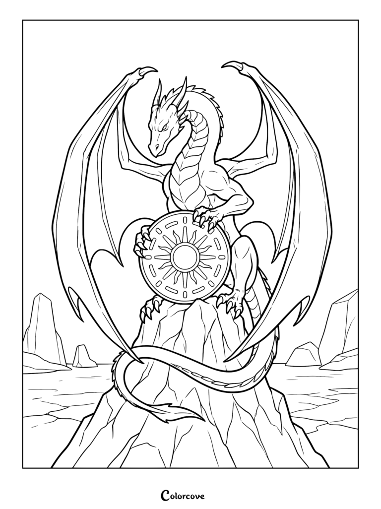 A majestic dragon perched on a rocky mountain peak holding a sun emblem shield in this printable coloring page.