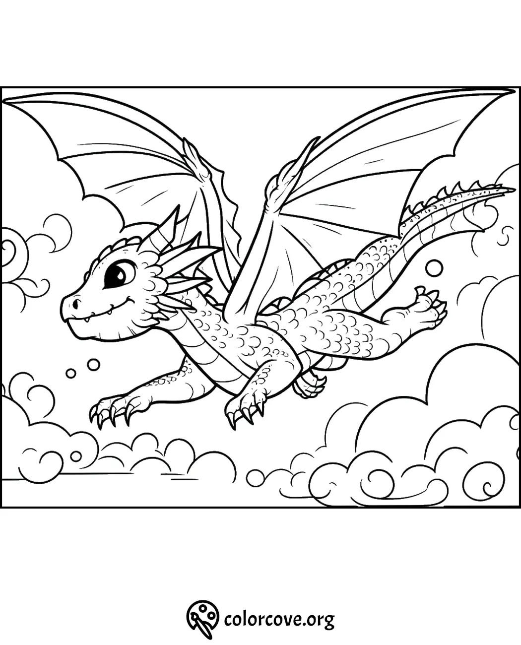 Fun dragon coloring page for kids, featuring a happy dragon flying through the clouds. Free printable at colorcove.org.