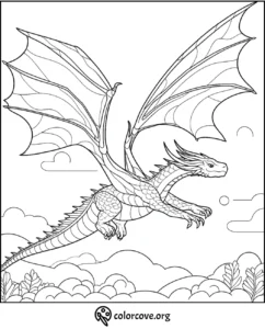 Dragon coloring page with detailed wings, flying above clouds and landscape. Printable fantasy art for kids and adults.