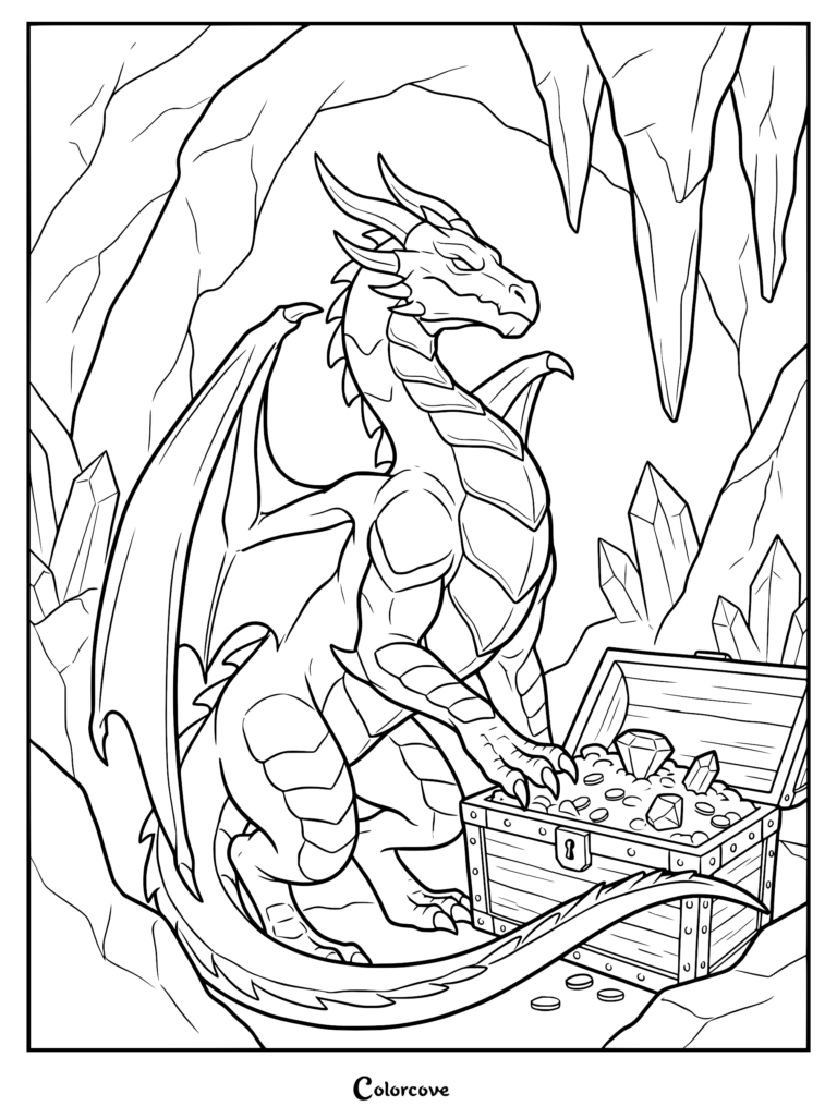 A majestic dragon guarding a treasure chest filled with gold and gems inside a crystal cave coloring page.