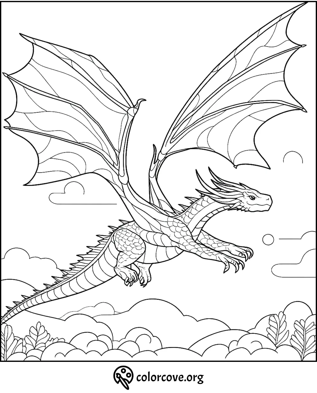 Dragon coloring page with detailed wings, flying above clouds and landscape. Printable fantasy art for kids and adults.