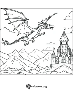 Coloring page featuring a dragon flying over a castle with mountains in the background. Perfect for kids and fantasy fans.
