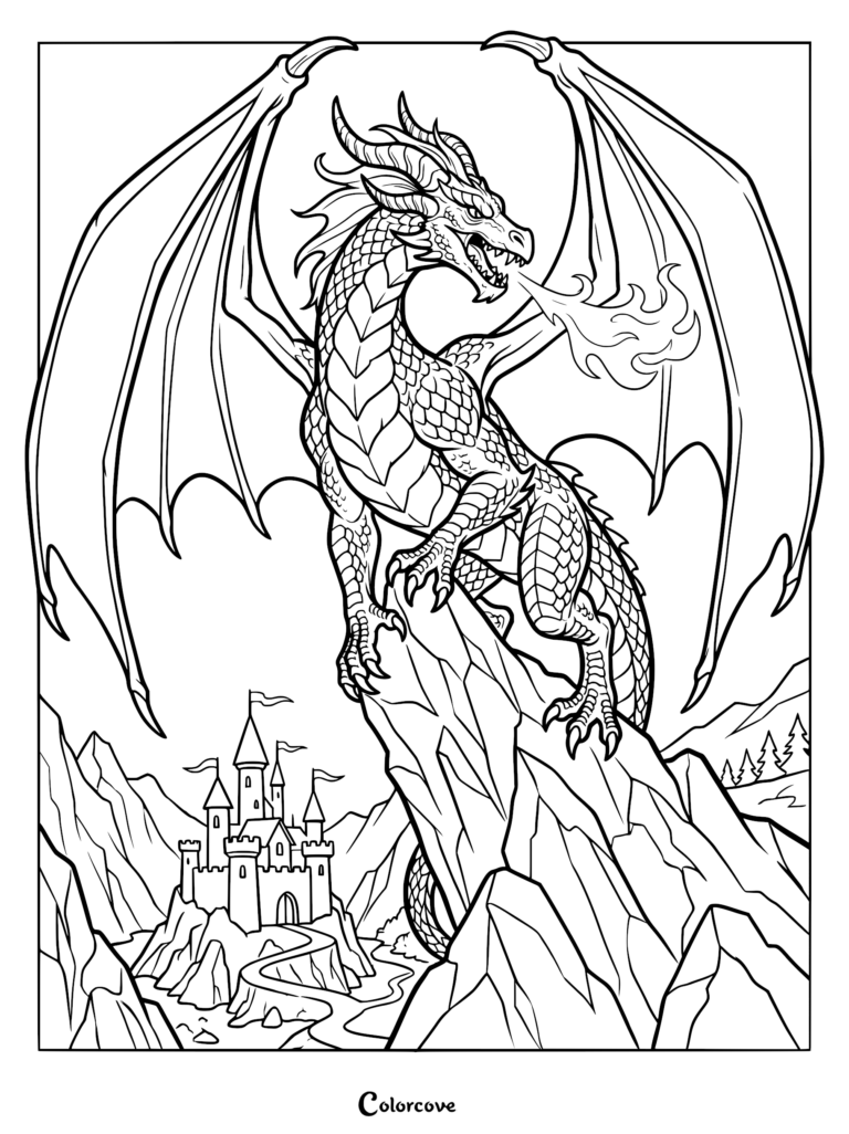 A fierce dragon breathing fire while perched on a mountain peak above a castle in this free printable coloring page.