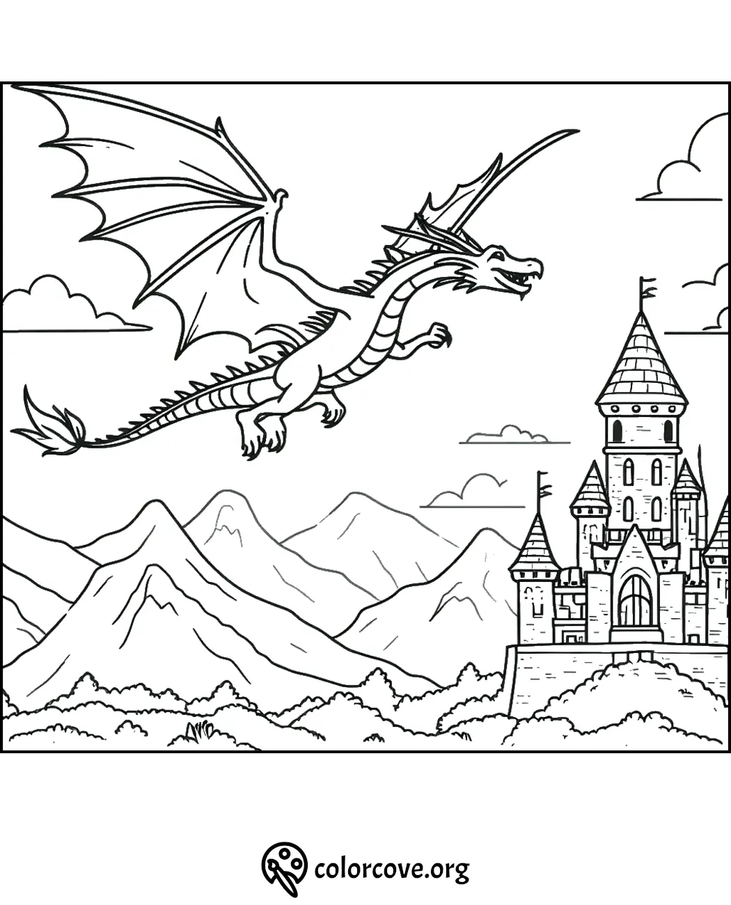 Coloring page featuring a dragon flying over a castle with mountains in the background. Perfect for kids and fantasy fans.