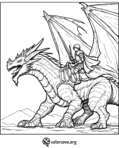 Knight riding a dragon coloring page from Colorcove.org, detailed fantasy scene for coloring enthusiasts.