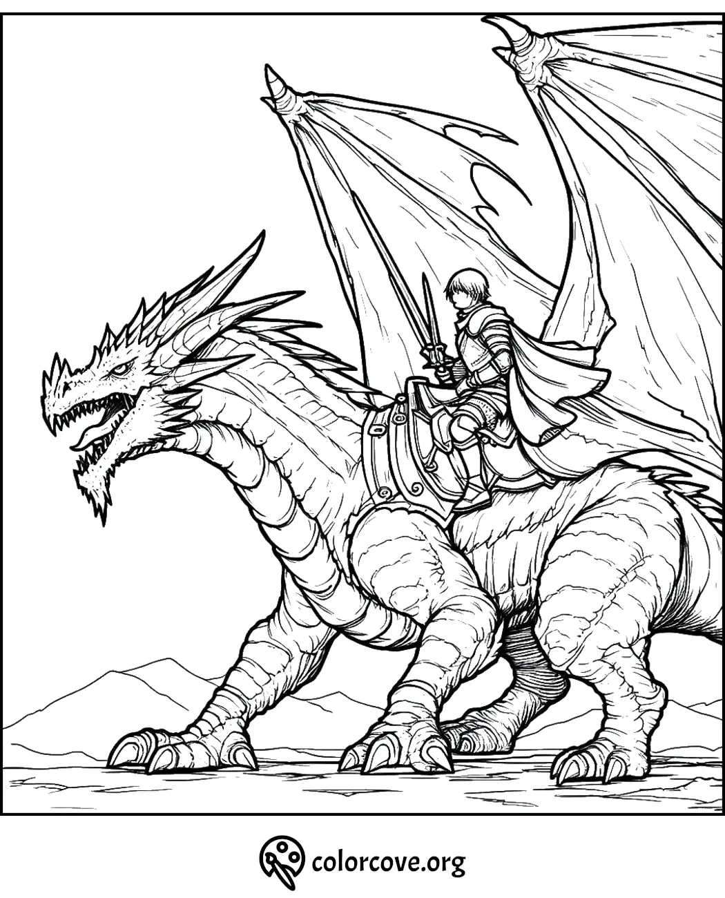 Knight riding a dragon coloring page from Colorcove.org, detailed fantasy scene for coloring enthusiasts.