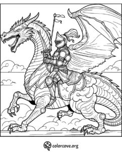 Knight on armored dragon, flying through clouds with sword and flag. Fantasy coloring page for kids and adults.