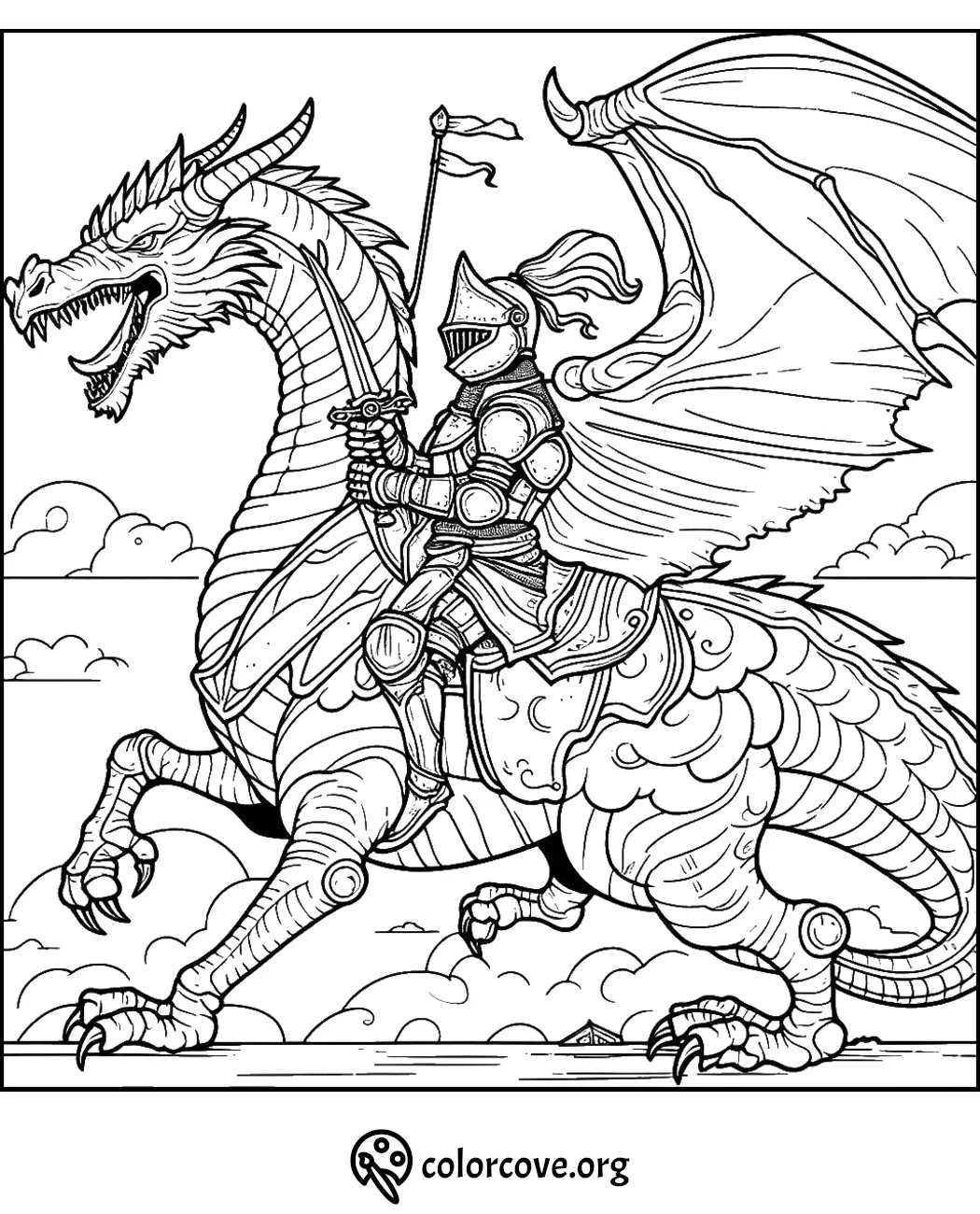 Knight on armored dragon, flying through clouds with sword and flag. Fantasy coloring page for kids and adults.