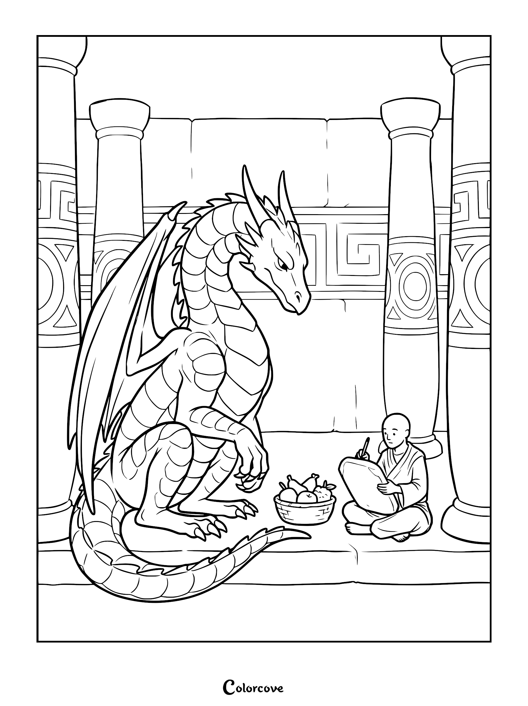 A monk sitting on the floor drawing a dragon in a temple as a coloring page.