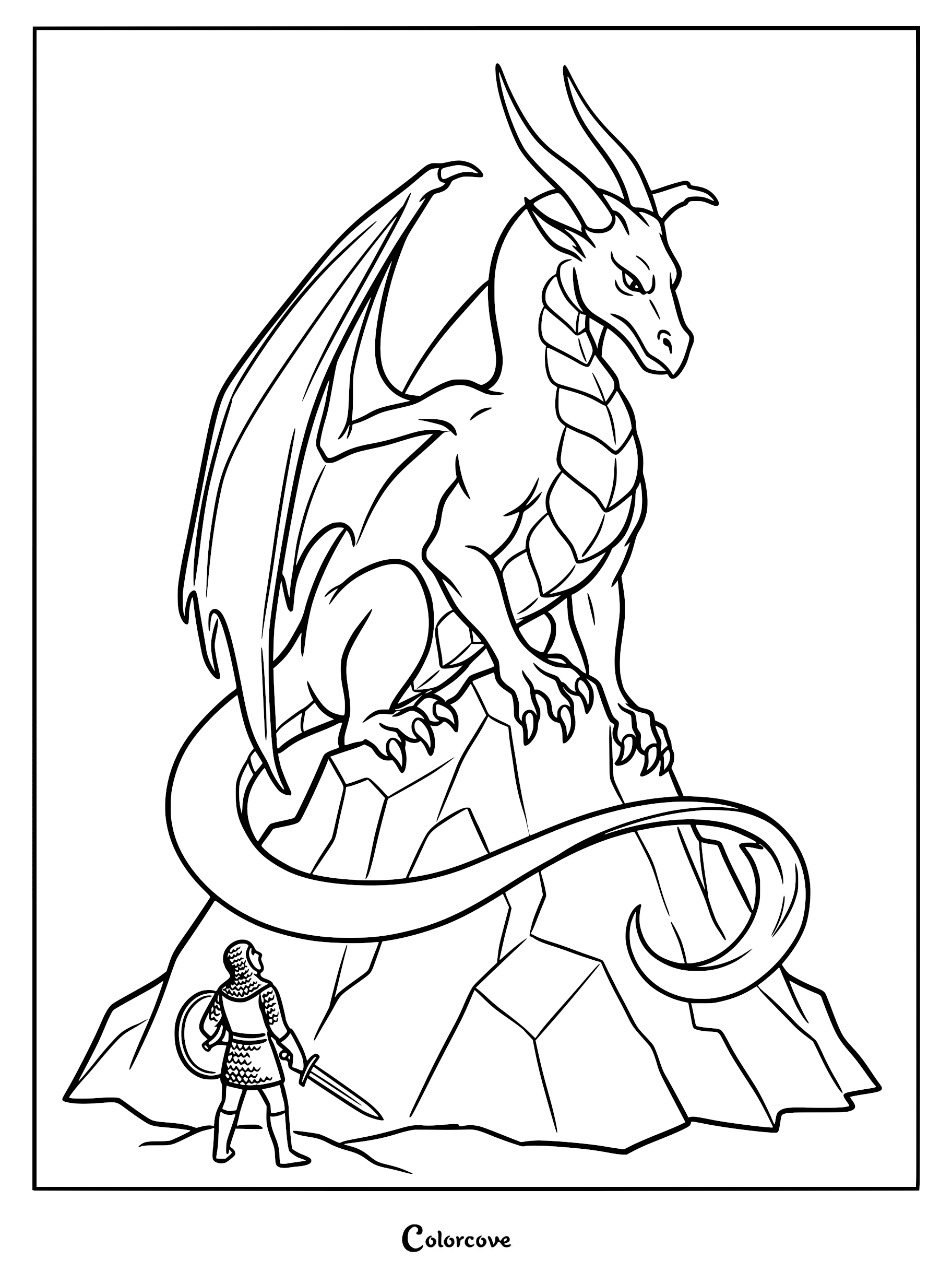 A knight with a sword and shield facing a large dragon perched on a rocky mountain in this printable coloring page.