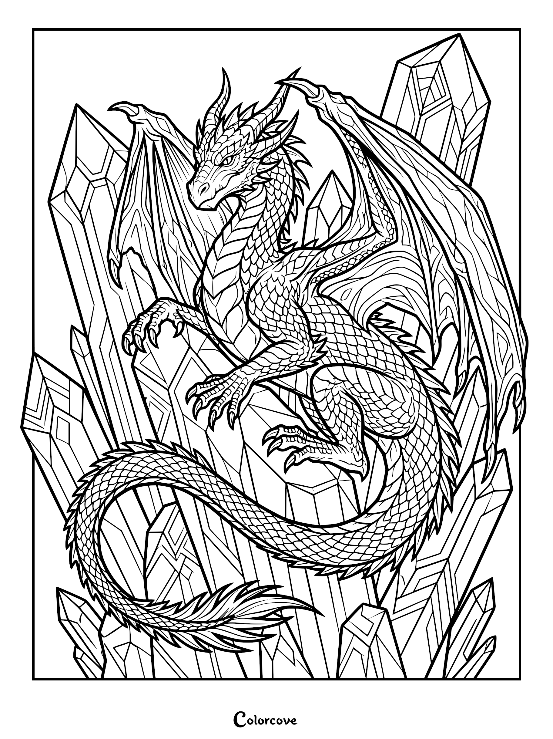 A detailed dragon coloring page featuring a majestic dragon perched among sharp, jagged crystals.