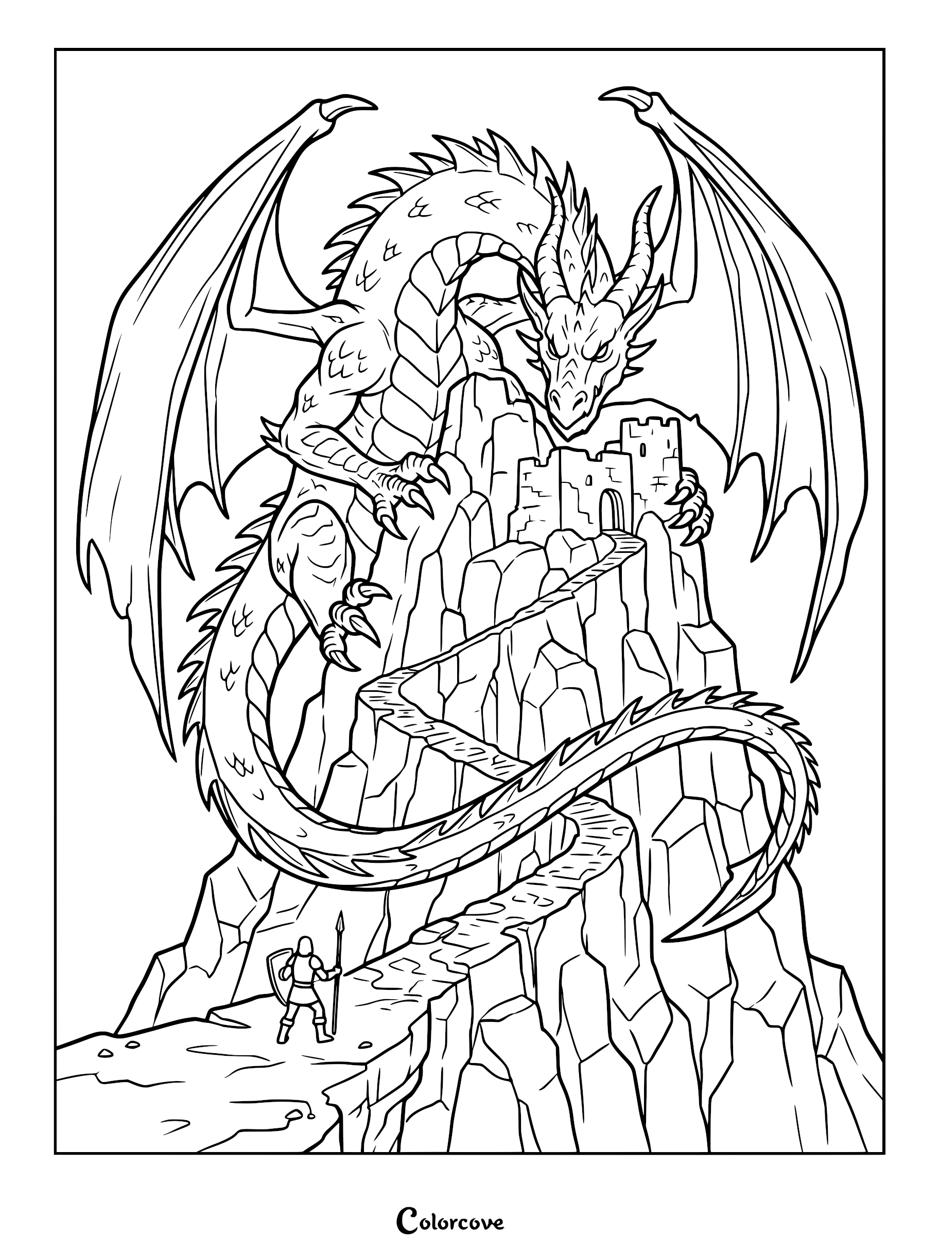 A knight approaching a castle on a mountain guarded by a large dragon in this free printable coloring page.
